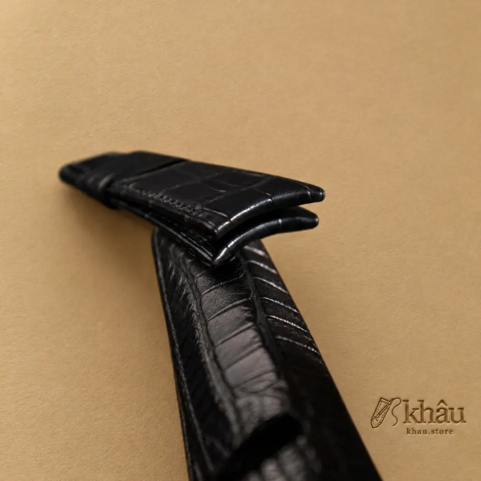 Curved End Black Alligator Folded Edge Lining Alligator Leather Watch Strap — additional view
