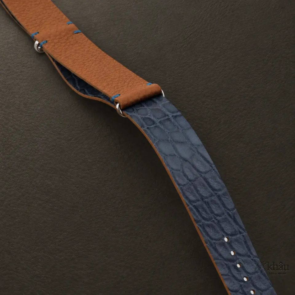 NATO Golden Togo Lining Jean Blue Alligator Round Scales Leather Watch Strap — additional view
