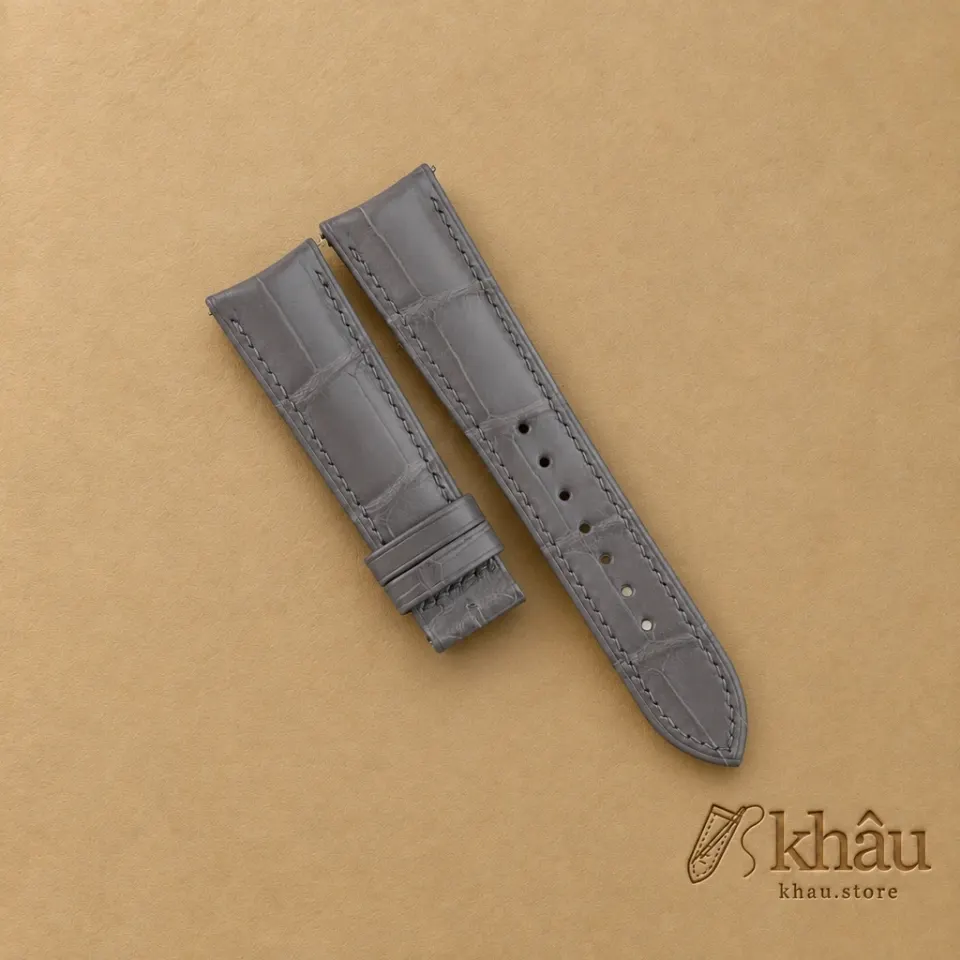 Cement Alligator Leather Curved End Folded Edges Watch Strap — front view