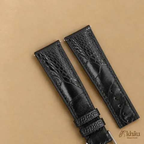 Curved End Black Ostrich Leg Leather Watch Strap — additional view