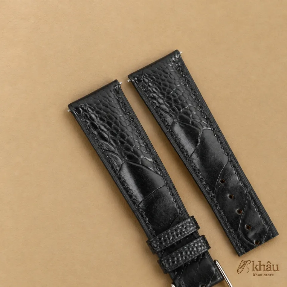 Curved End Black Ostrich Leg Leather Watch Strap — additional view