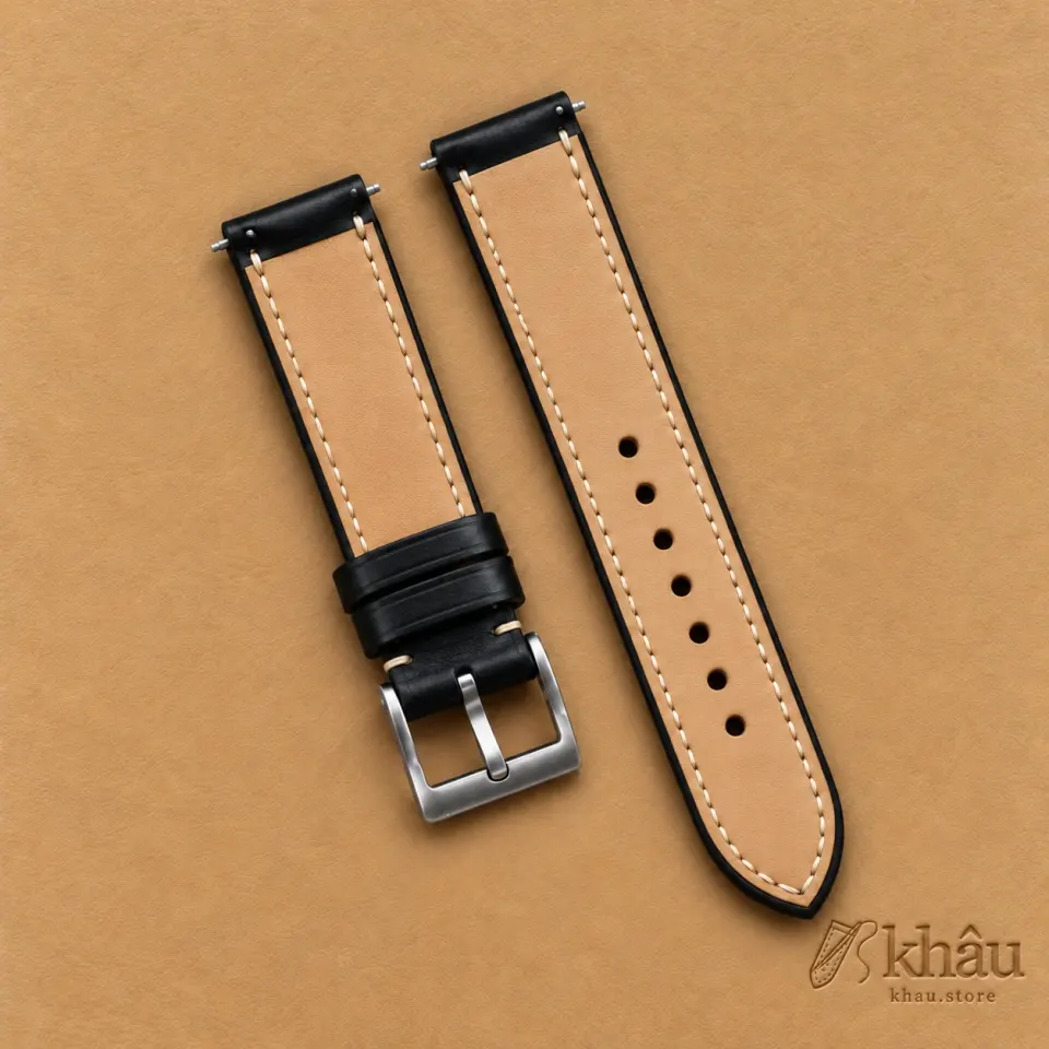Black Buttero Leather Watch Strap, reverse and lining