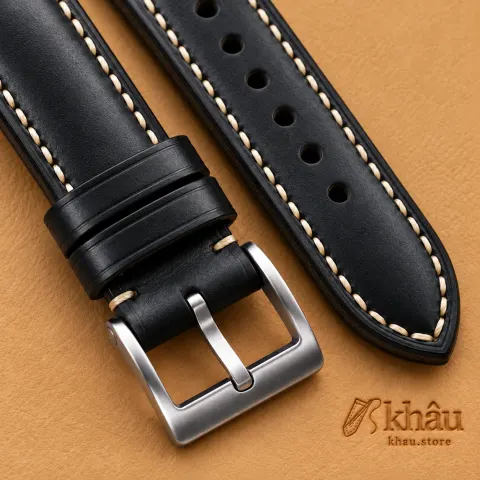 Black Buttero Leather Watch Strap, stitching and grain detail