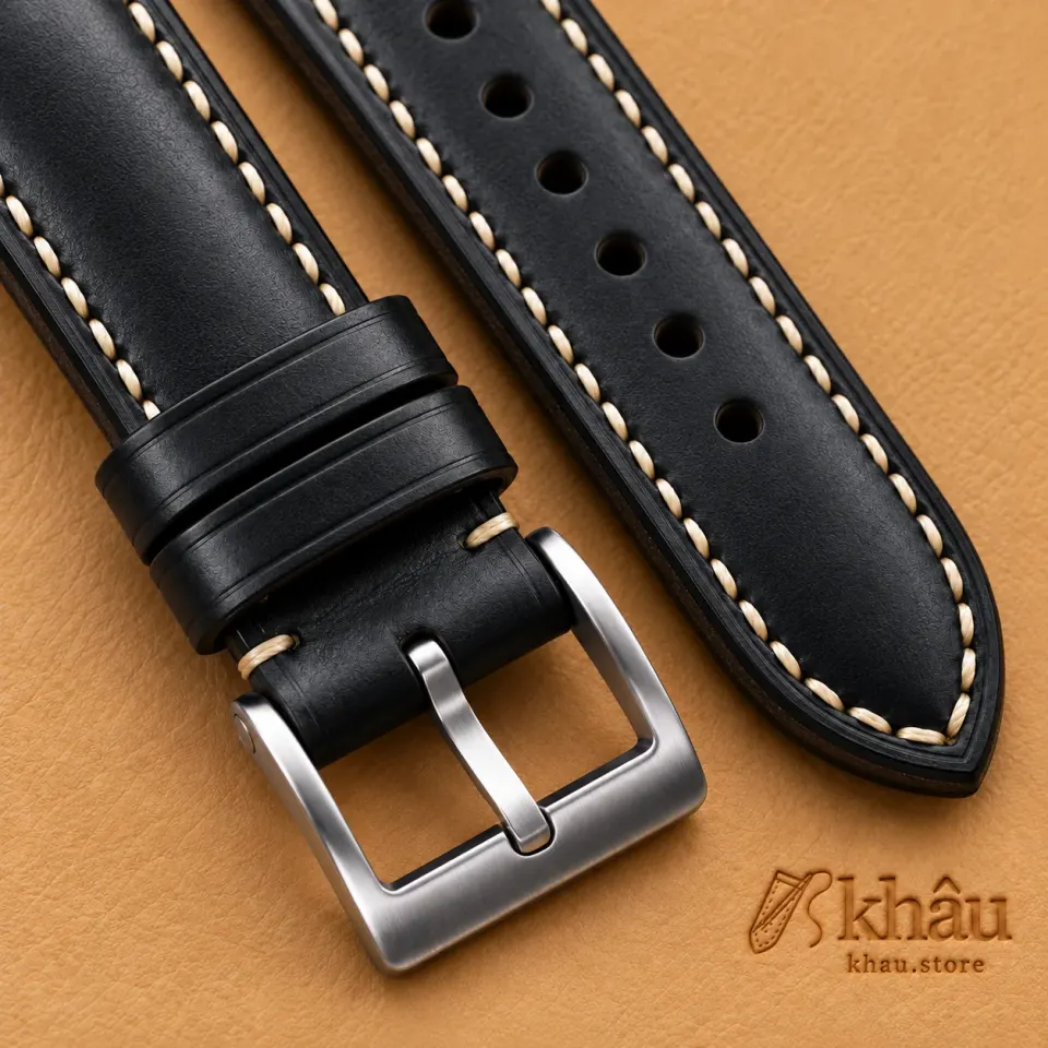 Black Buttero Leather Watch Strap, leather and hand-stitching detail