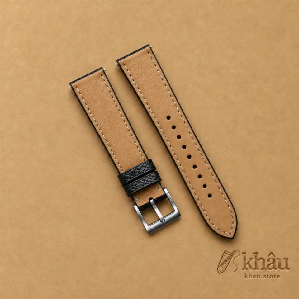 Black Python Leather Watch Strap, reverse and lining