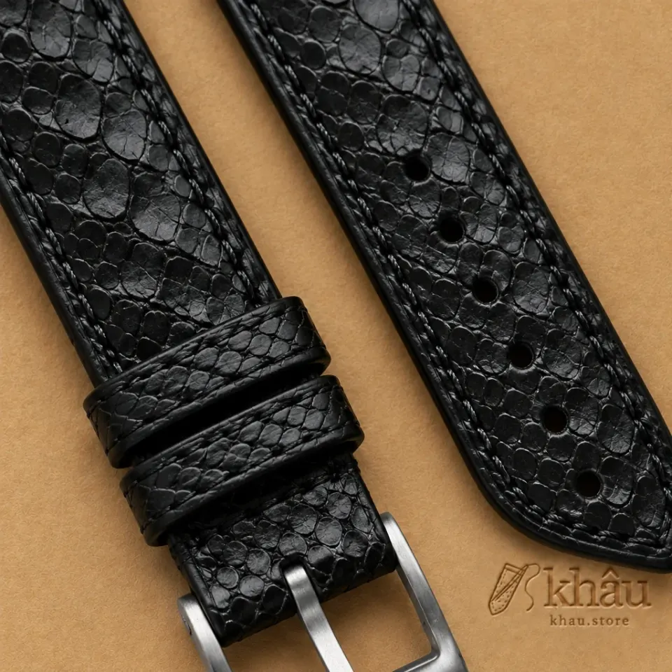 Black Python Leather Watch Strap, leather and hand-stitching detail