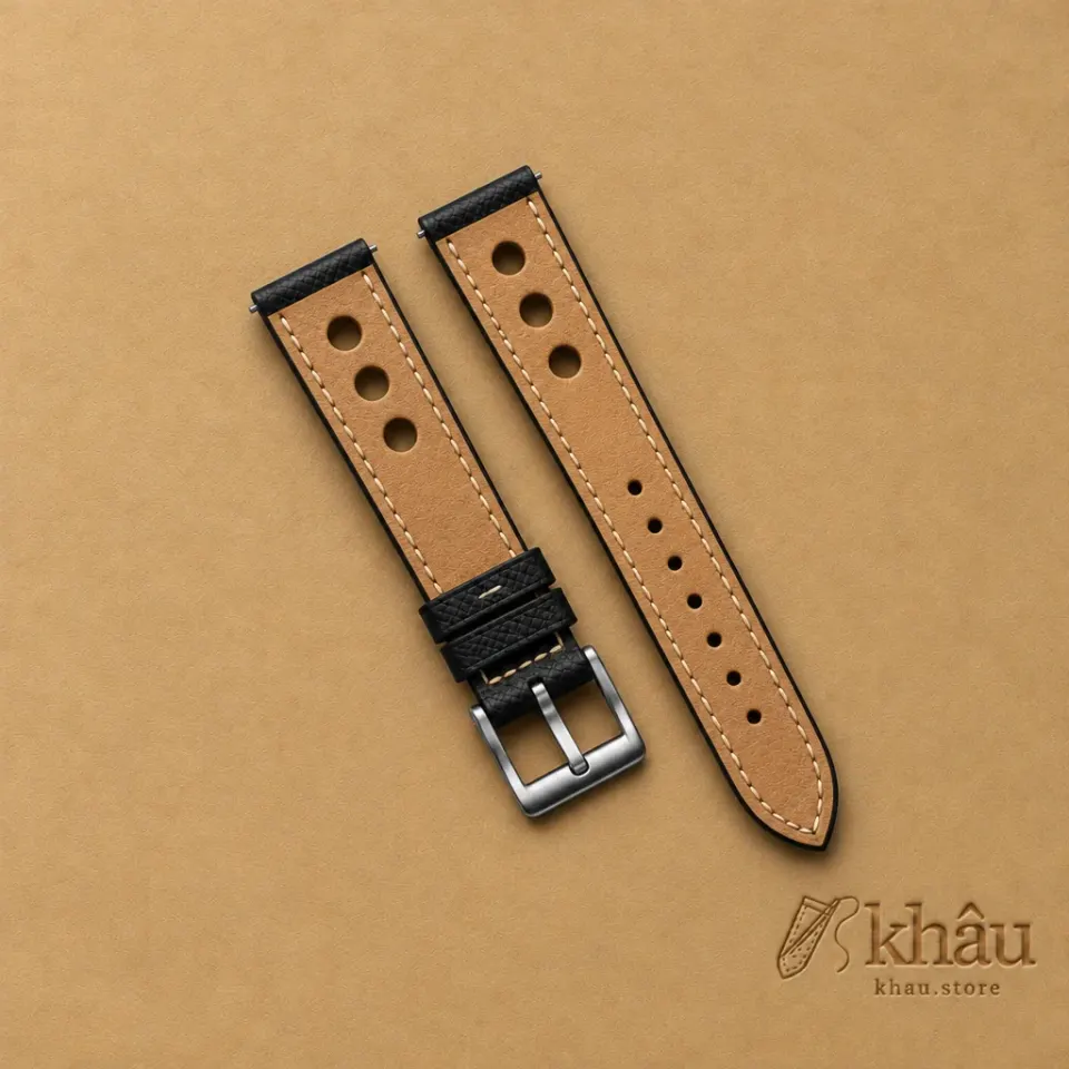 Black Epsom Rally Watch Strap with Ivory Stitching, reverse and lining