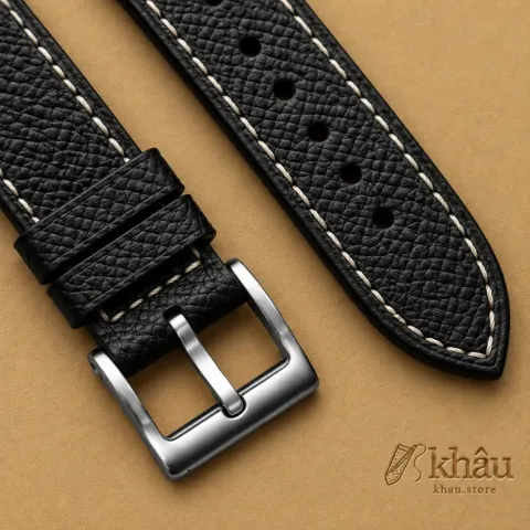 Black Epsom Rally Watch Strap with Ivory Stitching, stitching and grain detail