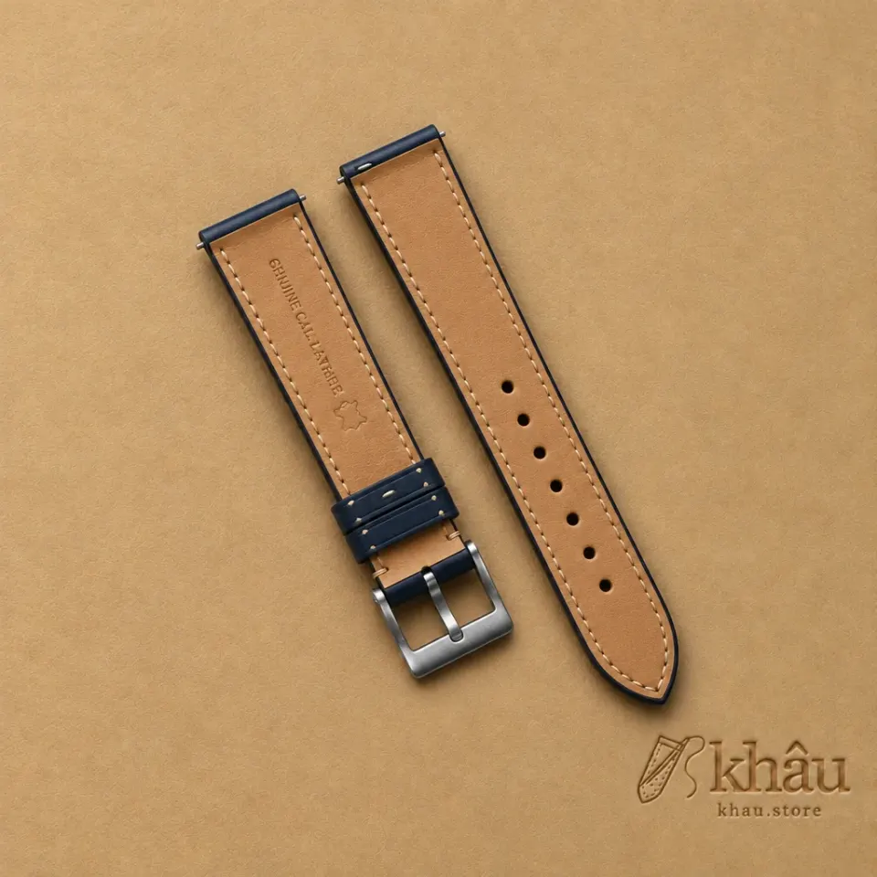 Navy Buttero Leather Watch Strap, reverse and lining