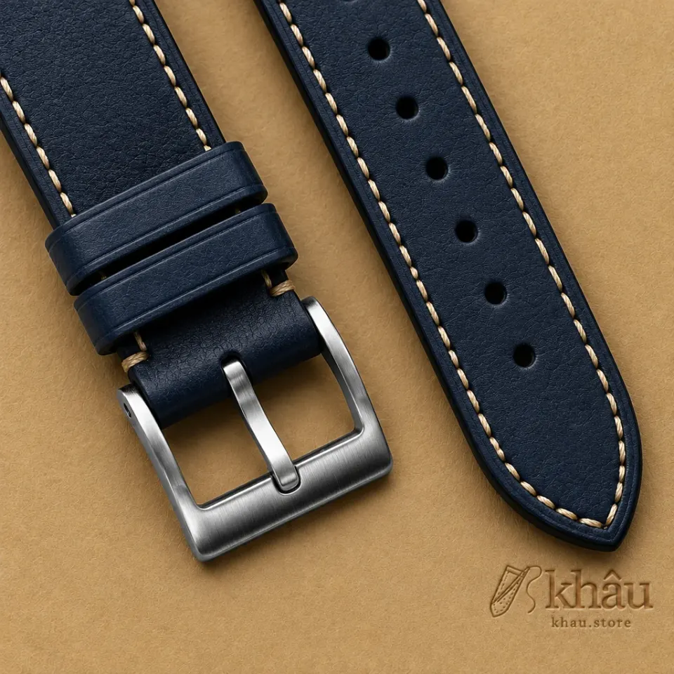 Navy Buttero Leather Watch Strap, leather and hand-stitching detail