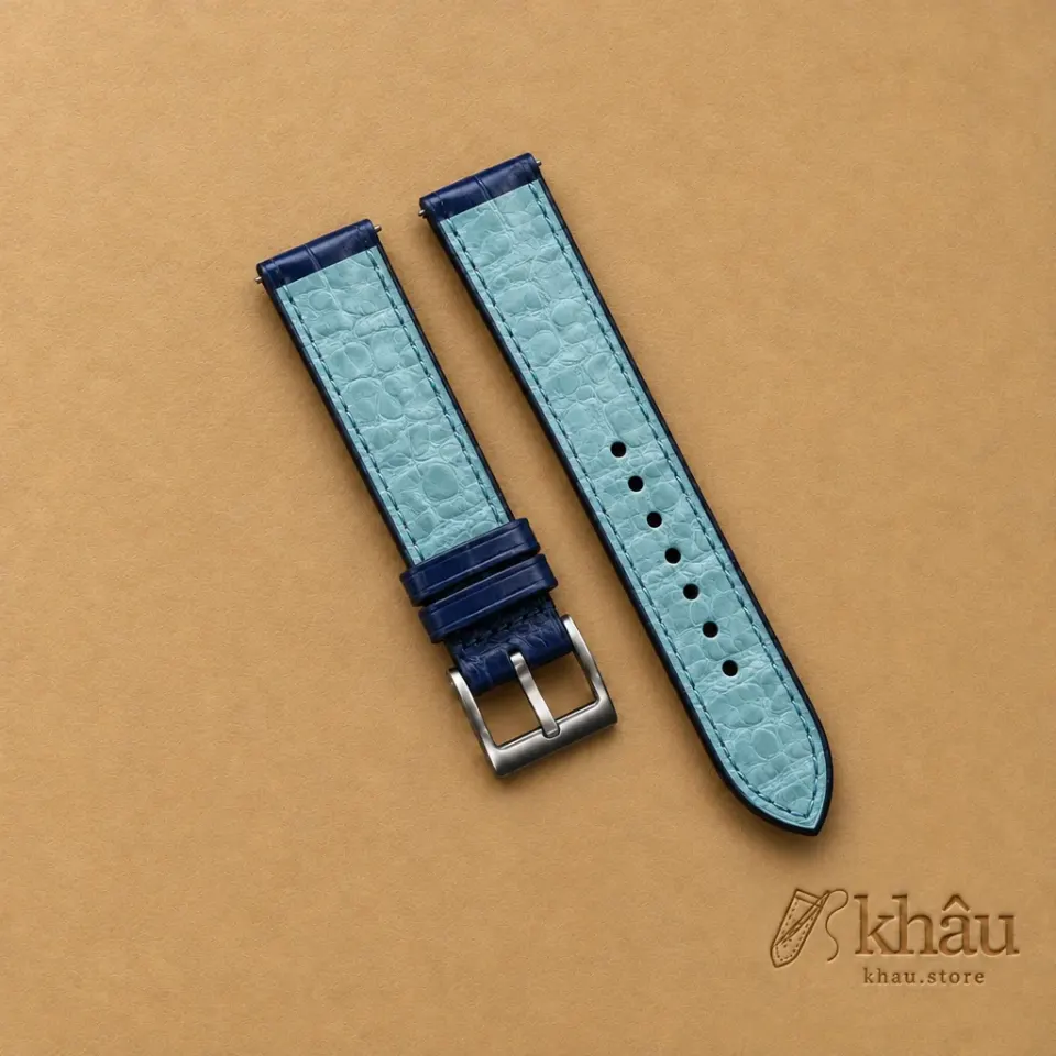 Nightwater Blue Alligator Watch Strap, reverse and lining