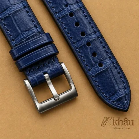 Nightwater Blue Alligator Watch Strap, stitching and grain detail