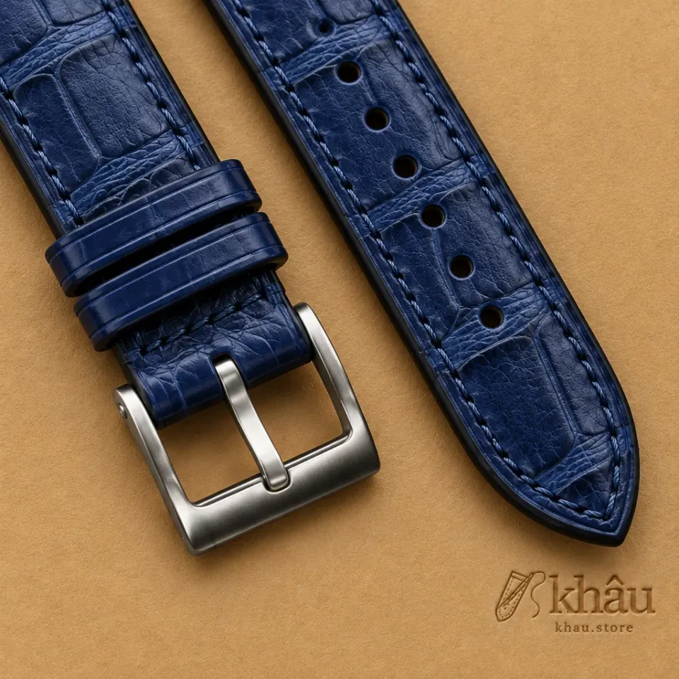 Nightwater Blue Alligator Watch Strap, leather and hand-stitching detail