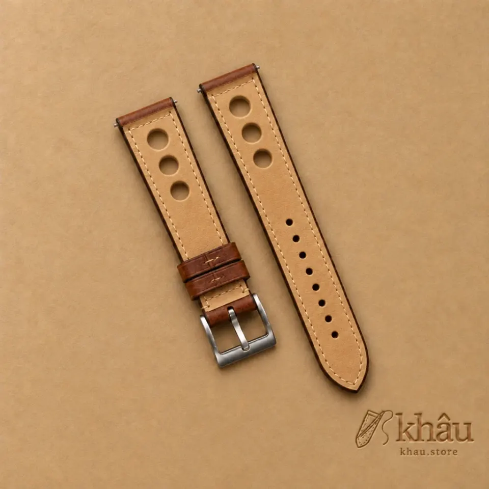 Patina Brown Rally Leather Watch Strap, reverse and lining