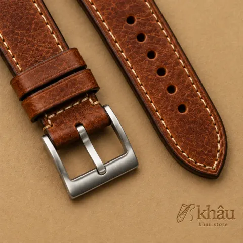 Patina Brown Rally Leather Watch Strap, stitching and grain detail