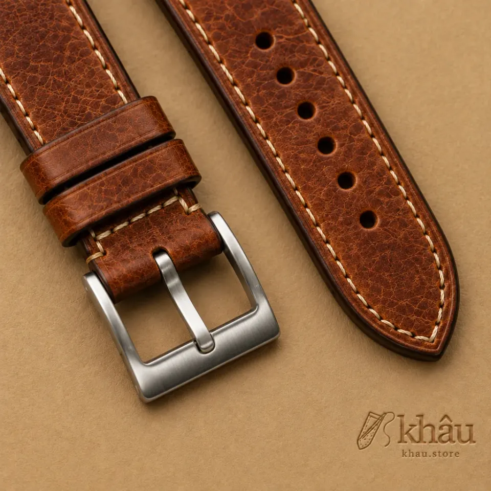 Patina Brown Rally Leather Watch Strap, leather and hand-stitching detail
