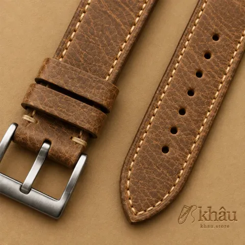 Vintage Brown Leather Strap for Panerai, stitching and grain detail
