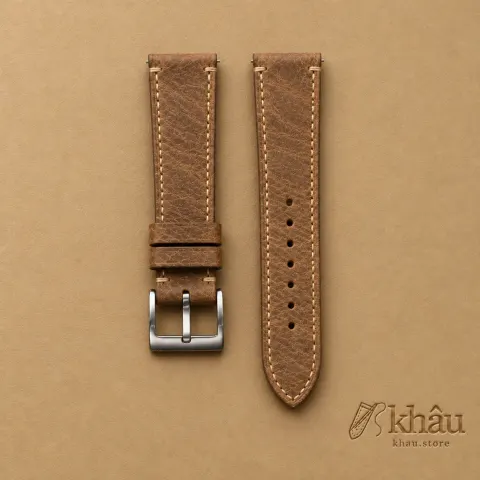 Vintage Brown Leather Strap for Panerai with Khâu debossed branding on a warm tan background