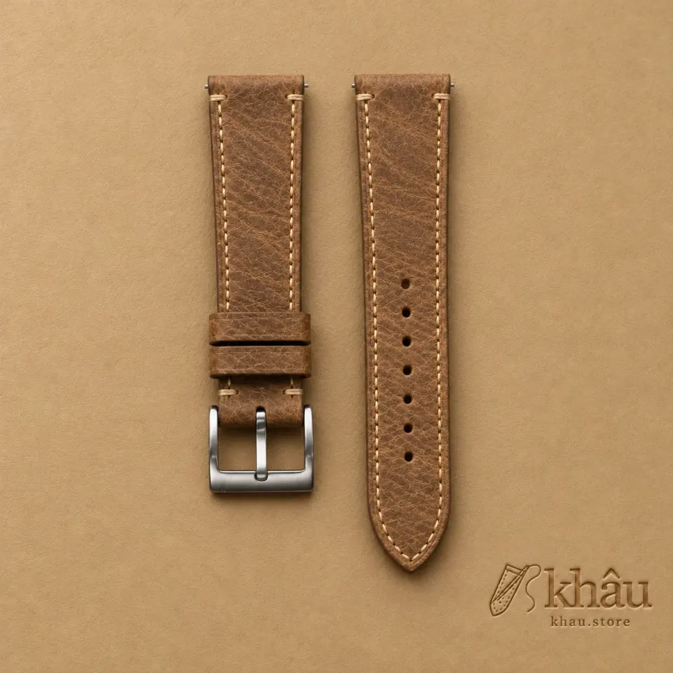 Vintage Brown Leather Strap for Panerai with Khâu debossed branding on a warm tan background