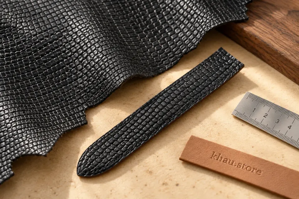 Lizard leather surface study with Khau branding