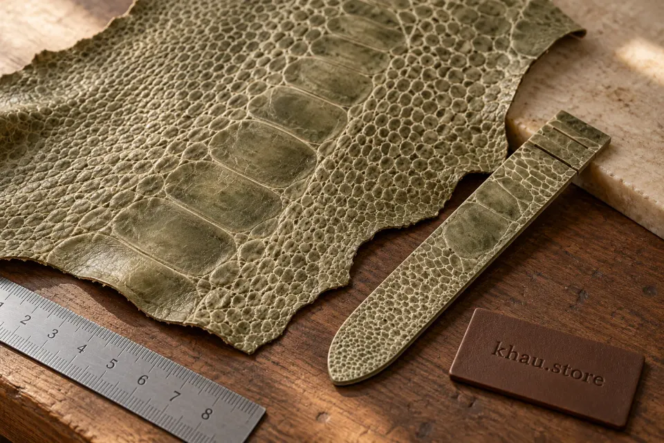 Ostrich Leg leather surface study with Khau branding
