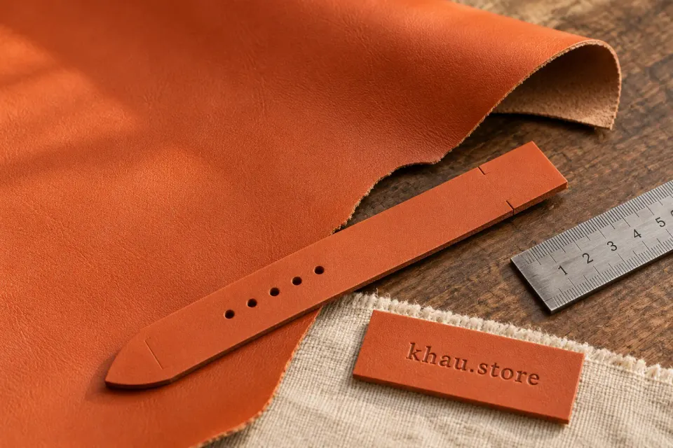 Smooth Cowhide leather surface study with Khau branding