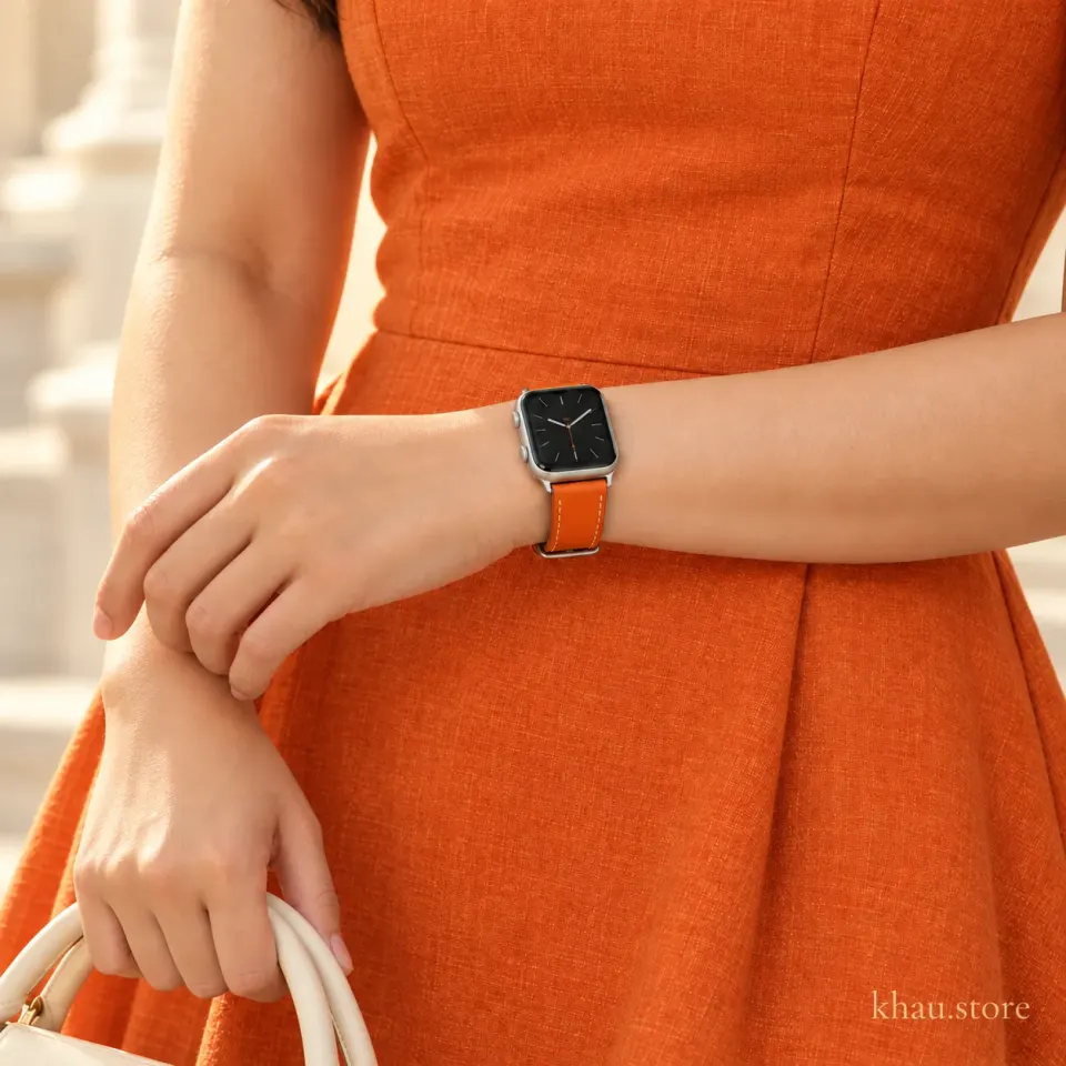 Atelier Orange worn on the wrist with a matching orange linen dress; watch not included