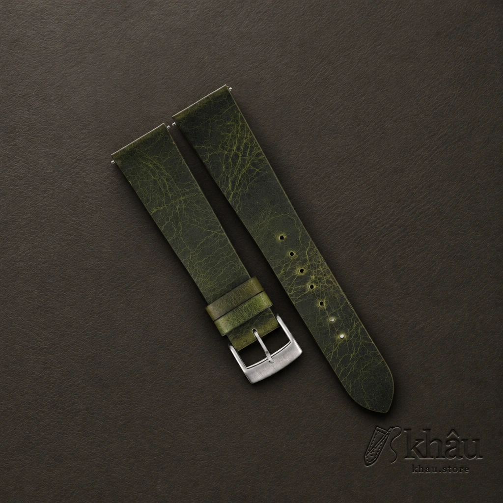 Vintage Olive Waxed Badalassi Carlo Leather Watch Strap — front view