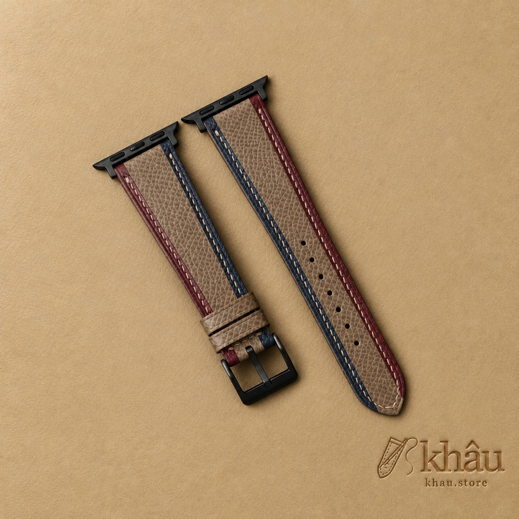 Tricolor Taupe Epsom Leather Apple Watch Band — front view