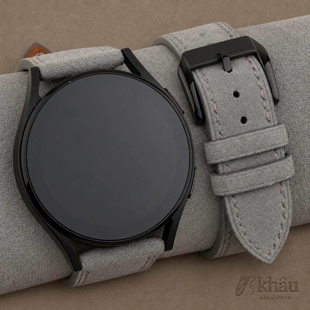 Light Grey Suede Leather Samsung Watch Band — front view