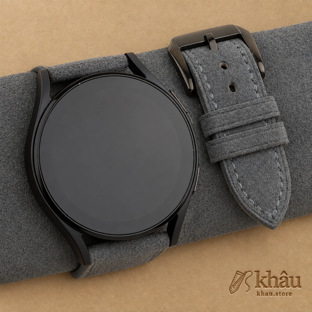 Stone Grey Suede Leather Samsung Watch Band — front view