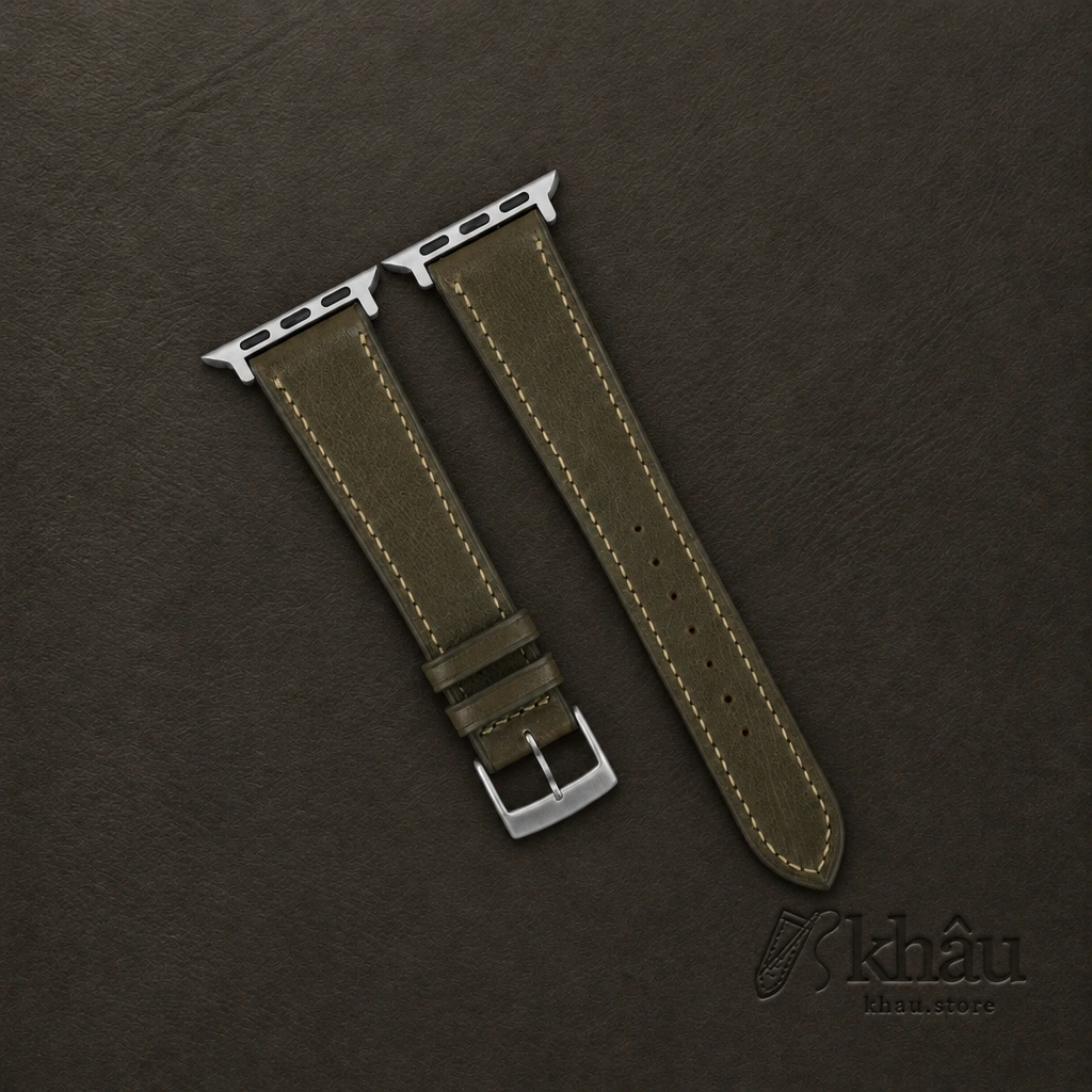 Olive Vachetta Leather Apple Watch Band — front view
