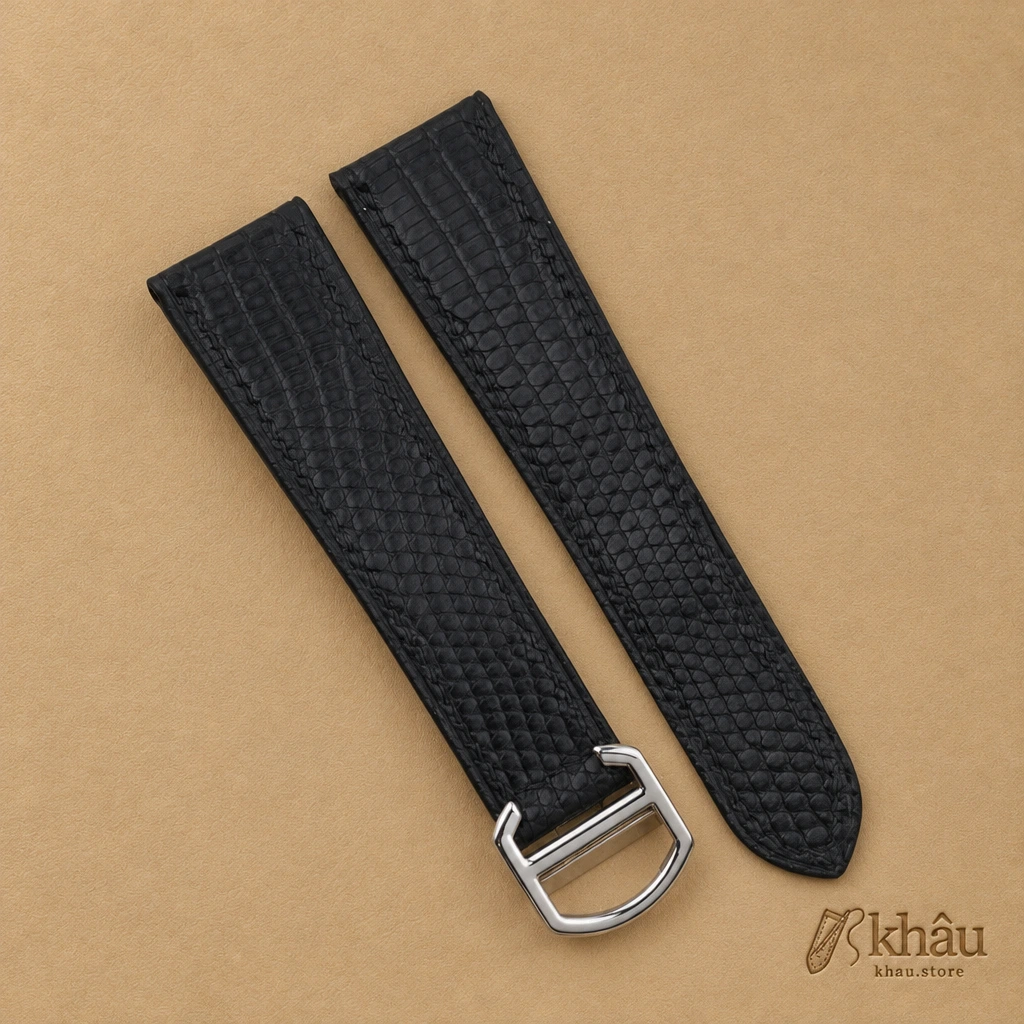 Black Lizard Leather Single Folding Watch Strap — front view