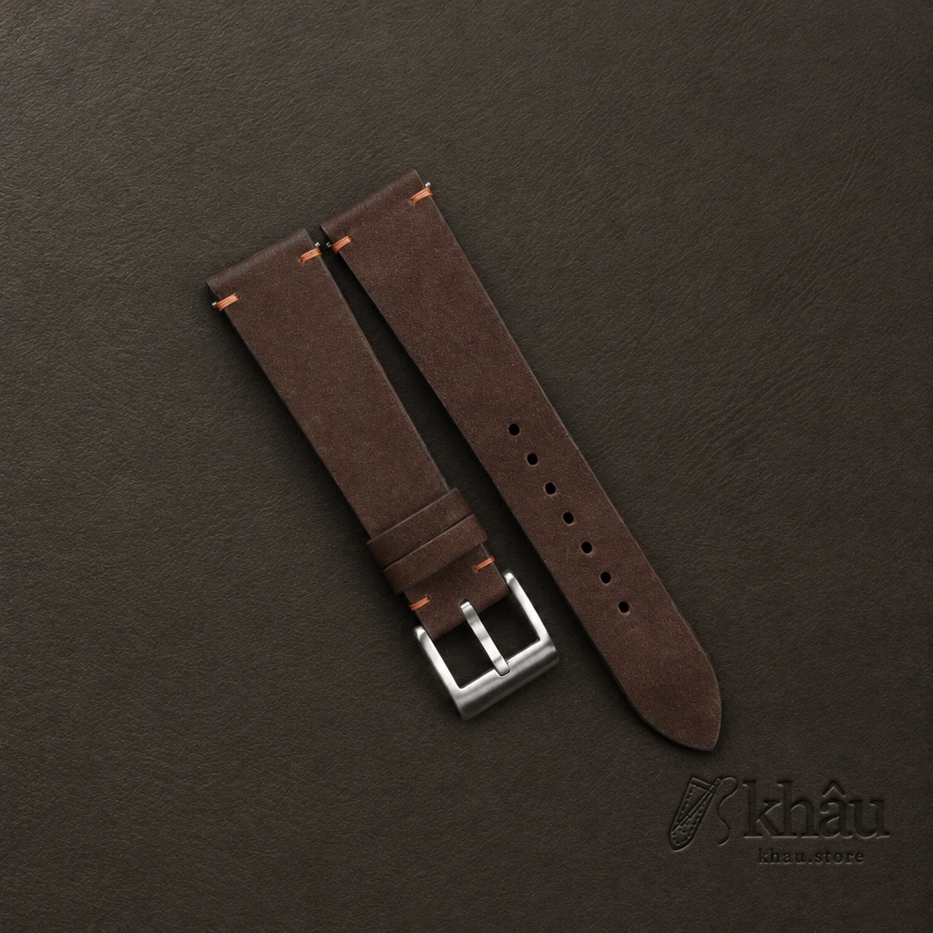 Vintage Woody Brown Nubuck Leather Side-Stitch Watch Strap — front view