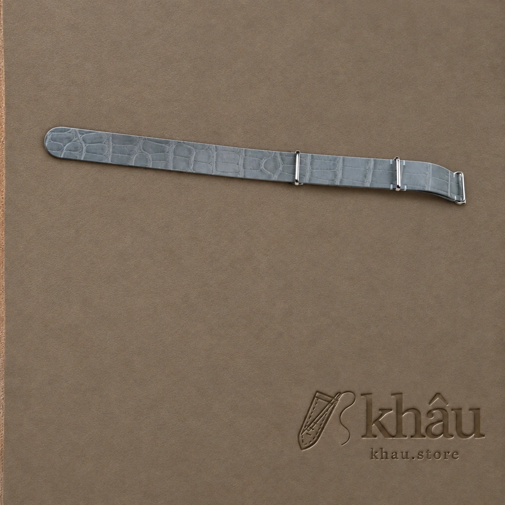 NATO Light Grey Alligator Lining Olive Alligator Round Scales Leather Watch Strap — front view