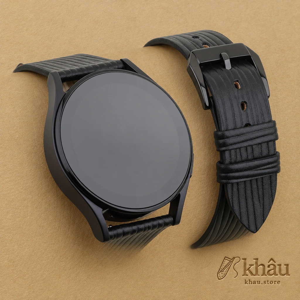 Black Calfskin Leather Samsung Watch Band – Wave Texture — front view