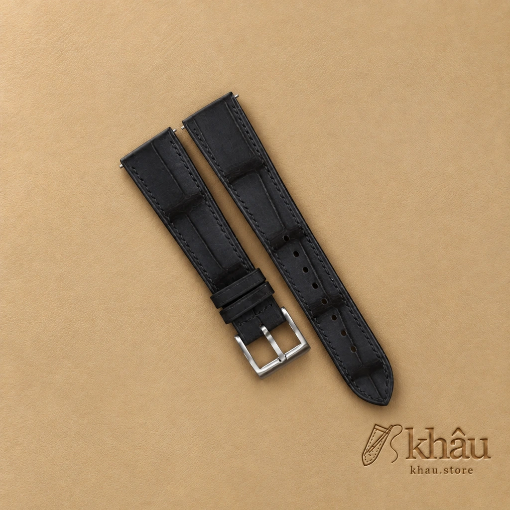 Nubuck Black Alligator Leather Watch Strap — front view