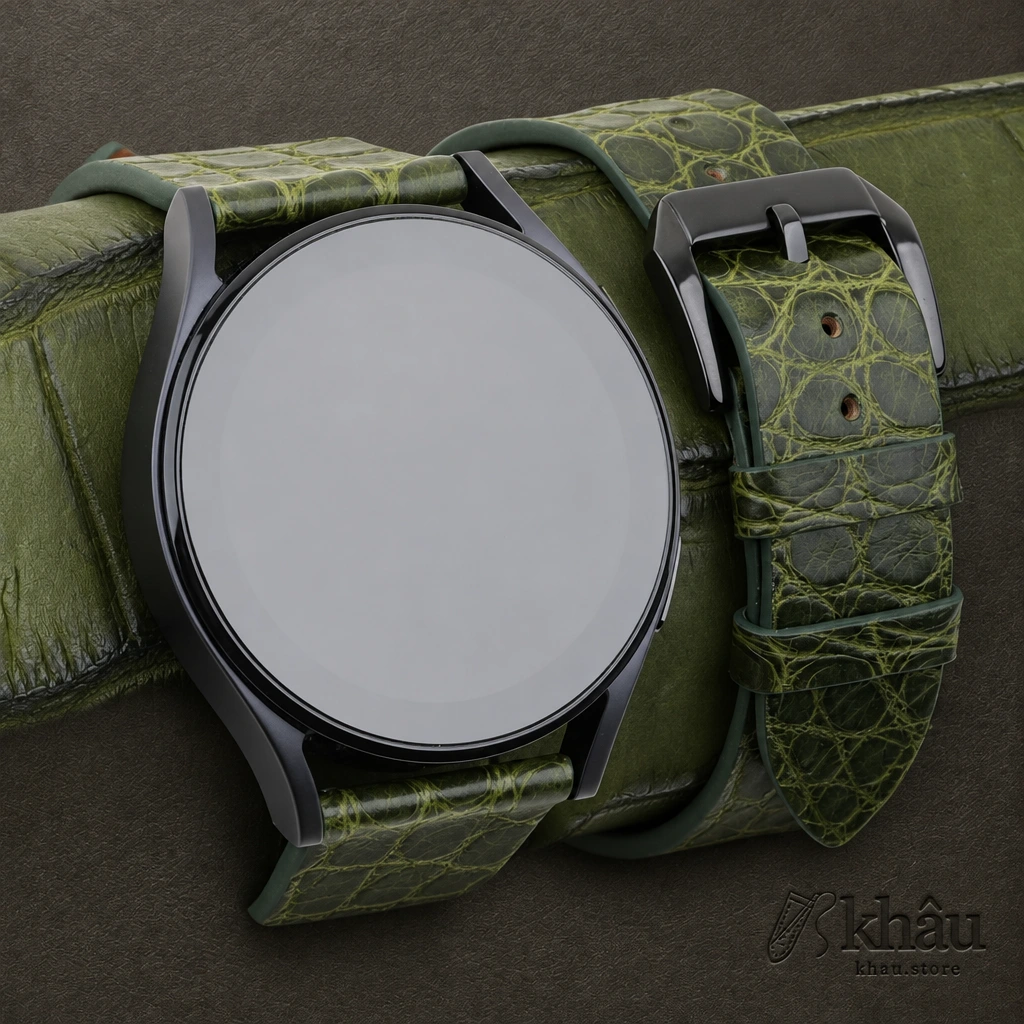 Vintage Green Alligator Round Scales Leather Samsung Watch Band — front view