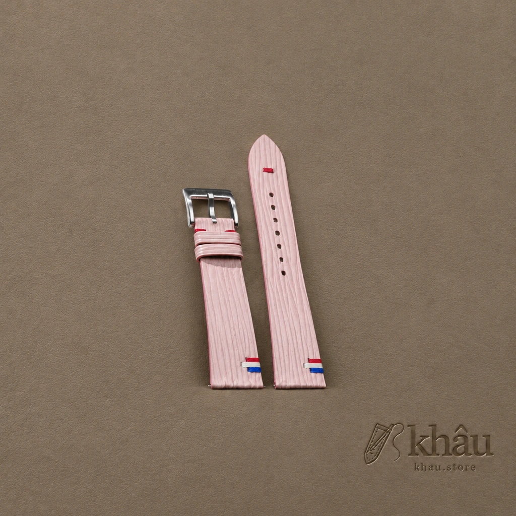 Pink Calfskin Leather France Flag Watch Strap — front view