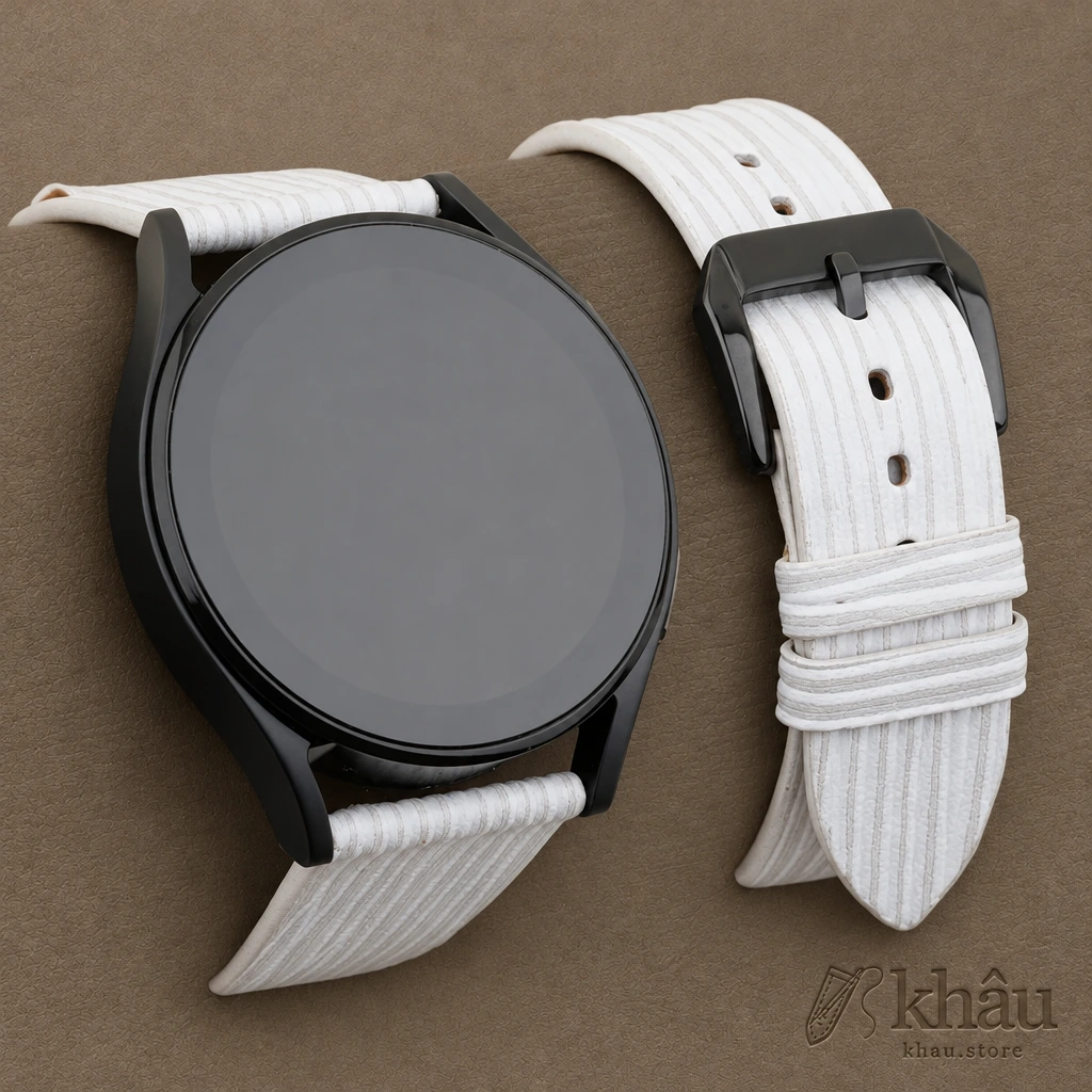 White Calfskin Leather Samsung Watch Band – Wave Texture — front view