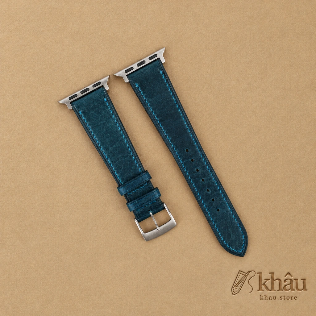 Dark Aqua Blue Waxed Badalassi Carlo Leather Apple Watch Band — front view