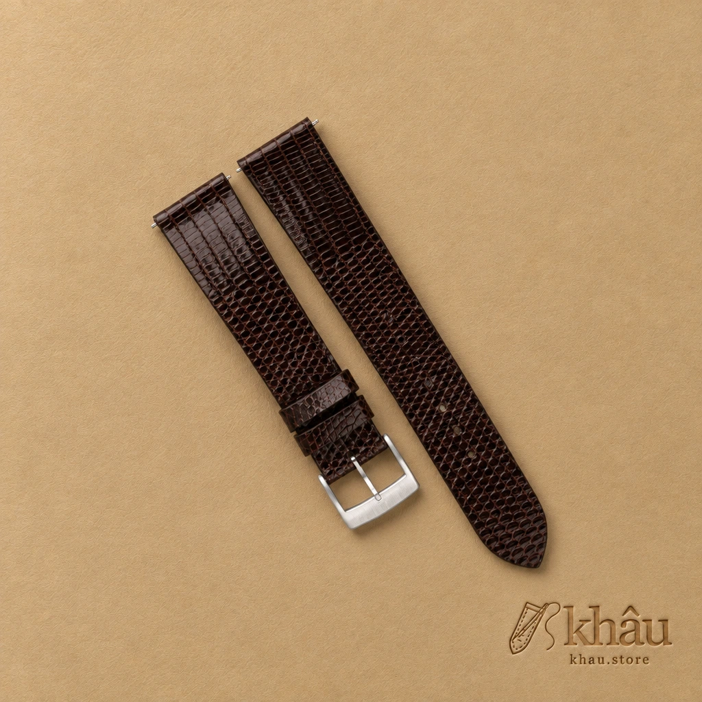 Vintage Dark Brown Lizard Leather Watch Strap — front view