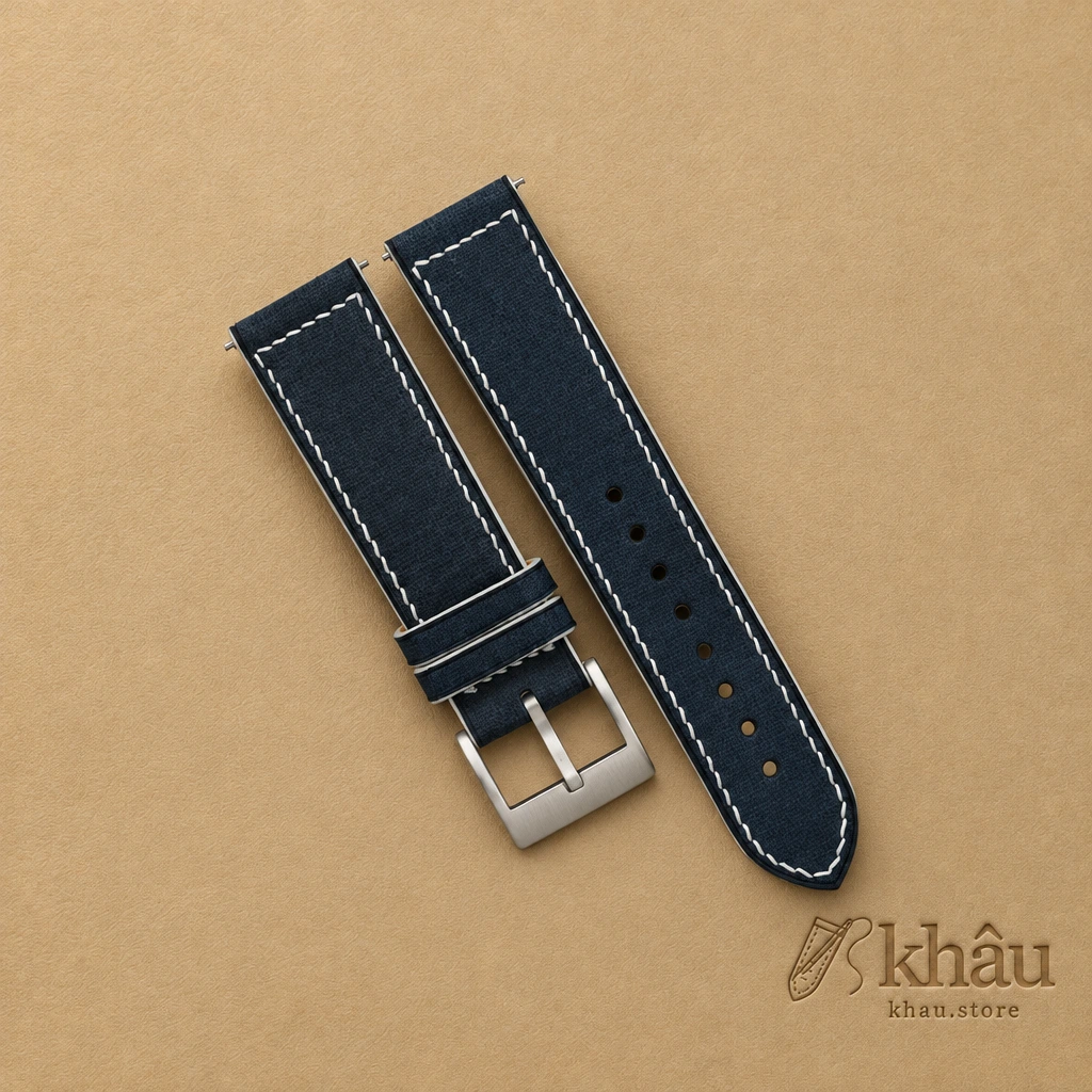 White Stitching Navy Babele Leather Watch Strap — front view