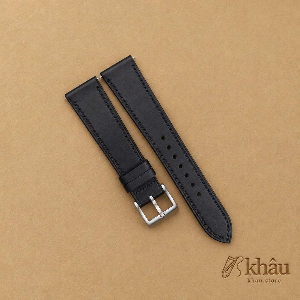 Box Calf Black Leather Watch Strap — front view
