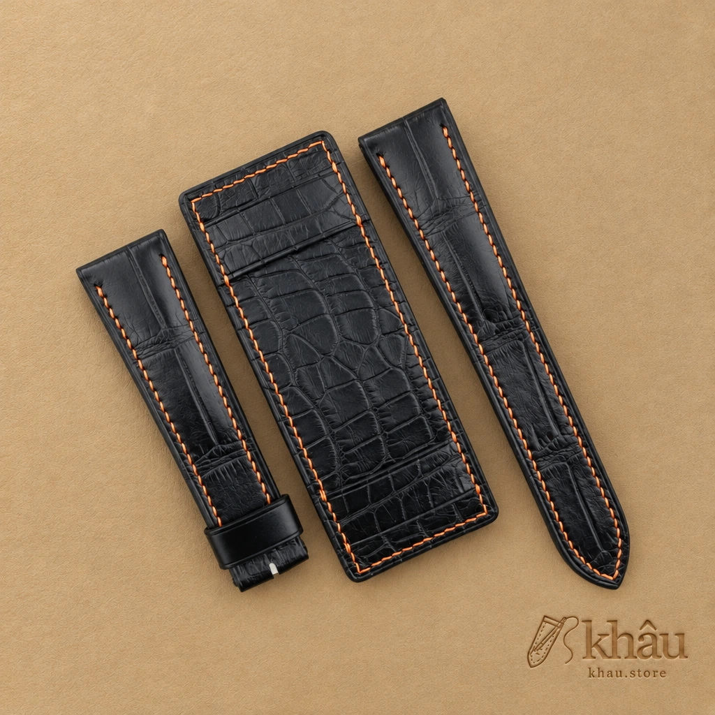 Black Alligator Leather Bund Strap — front view