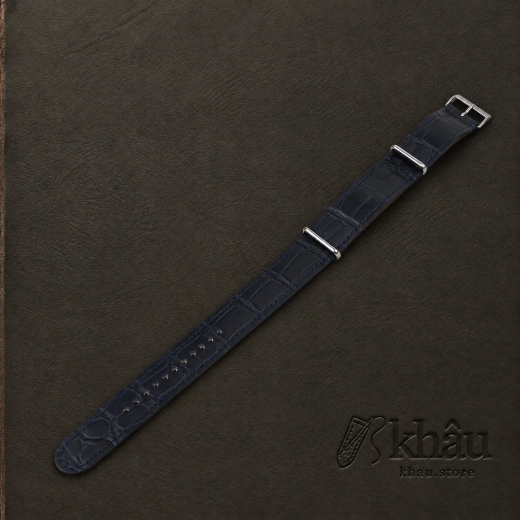 NATO Midnight Blue Alligator Lining Light Brown Alligator Leather Watch Strap — front view