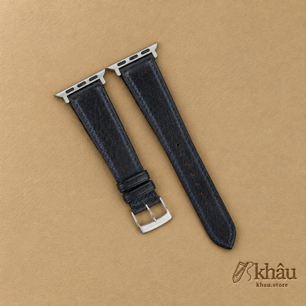 Navy Vachetta Leather Apple Watch Band — front view