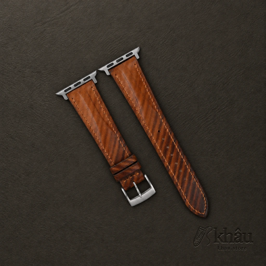 Patina Brown Slash Vachetta Leather Apple Watch Band — front view