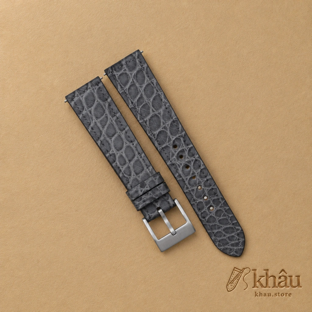 Vintage Stone Grey Alligator Round Scales Leather Watch Strap — front view