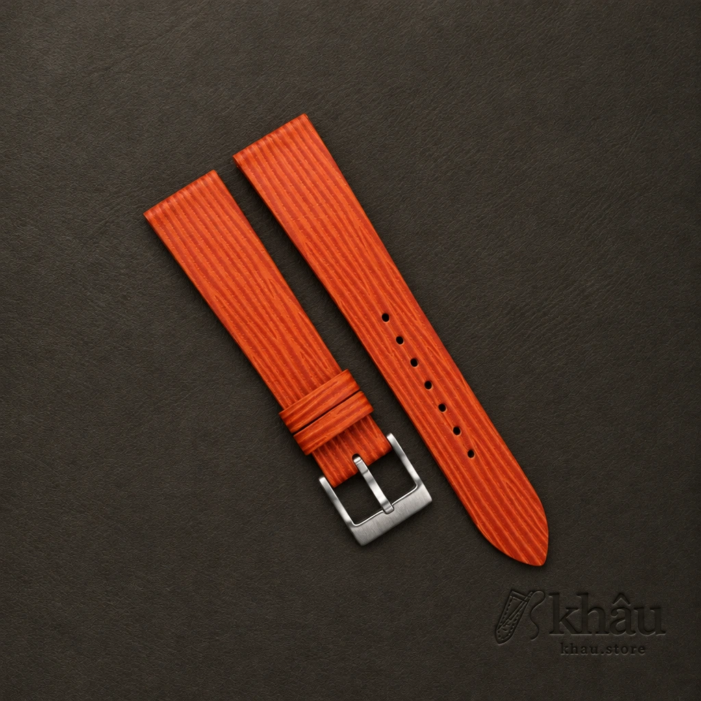 Orange Calfskin Watch Strap – Waves Texture — front view